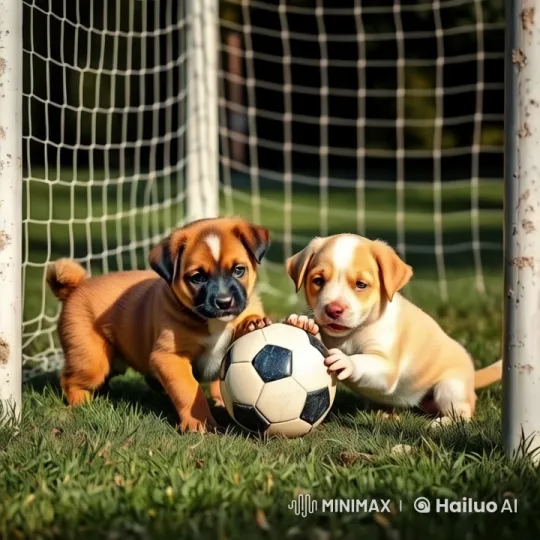 Puppies Play with Soccer Ball in Green Field – AI Generated Video | Hailuo AI