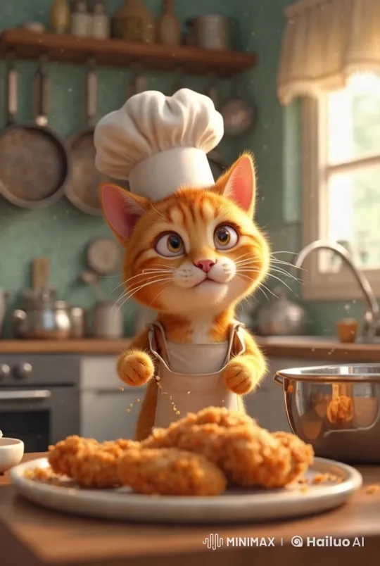 Chef Cat Prepares Crispy Chicken in Rustic Kitchen – AI Generated Video | Hailuo AI
