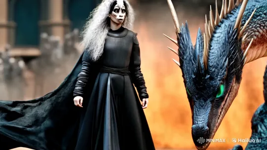 Silver-Haired Figure Strokes Loyal Dragon in Medieval Fantasy Scene – AI Generated Video | Hailuo AI