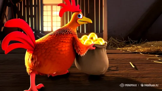 Anthropomorphic Chicken Conceals Golden Eggs in Barn – AI Generated Video | Hailuo AI