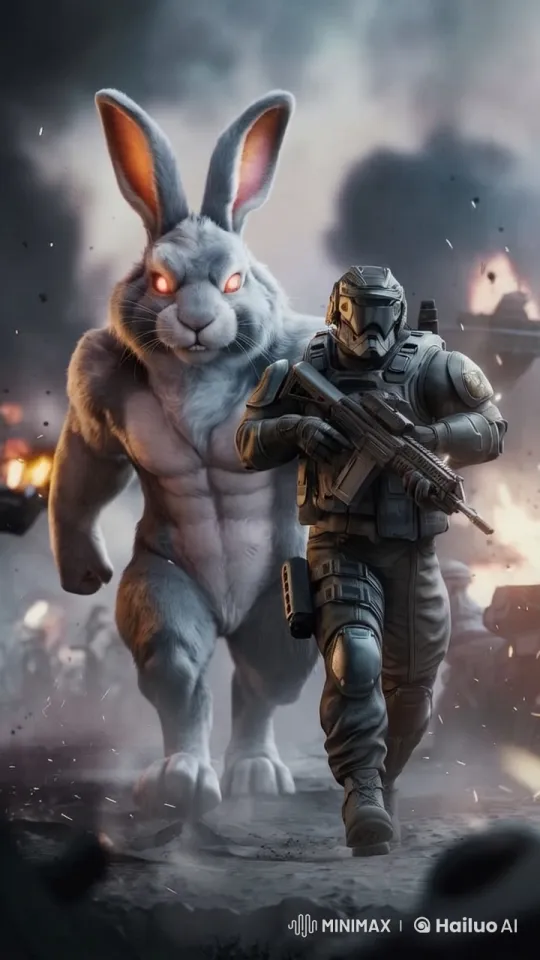 Futuristic Soldier and Giant Rabbit Advance Through a War-Torn Battleground – AI Generated Video | Hailuo AI
