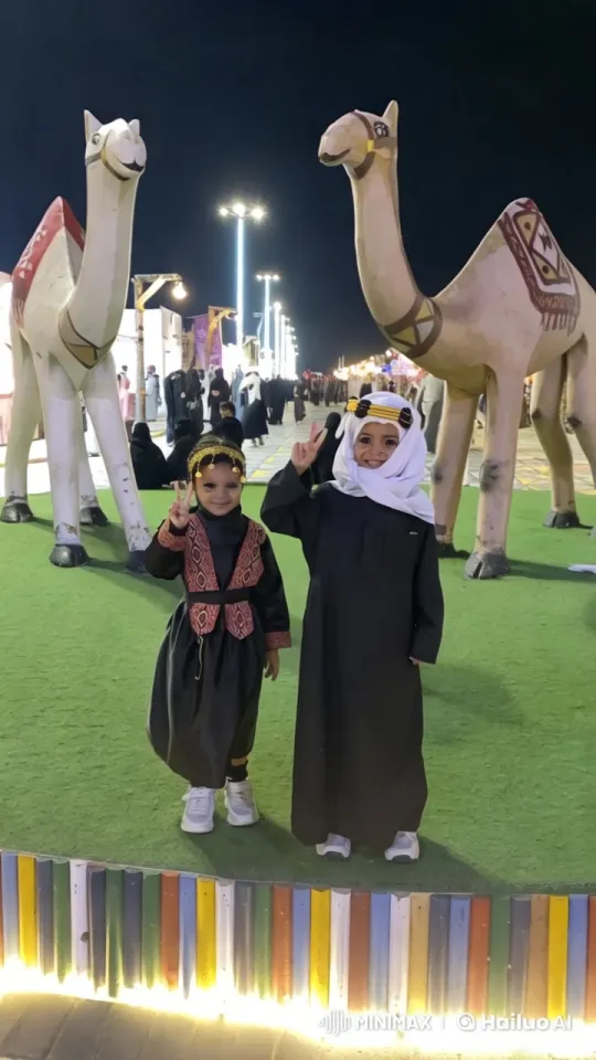 Children Pose with Camel Statues at Vibrant Night Market – AI Generated Video | Hailuo AI