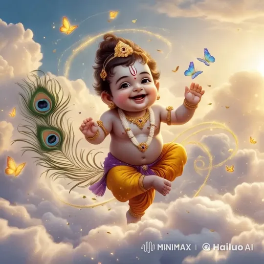 Joyful Krishna Dances in Heavenly Sky with Divine Creatures – AI Generated Video | Hailuo AI