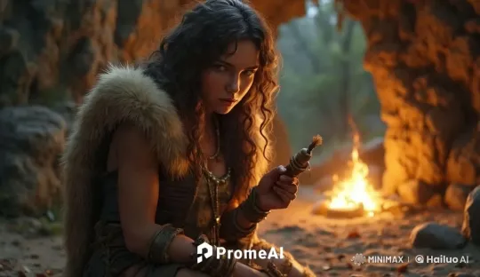 Introspective Figure Examines Object by Cave Firelight – AI Generated Video | Hailuo AI