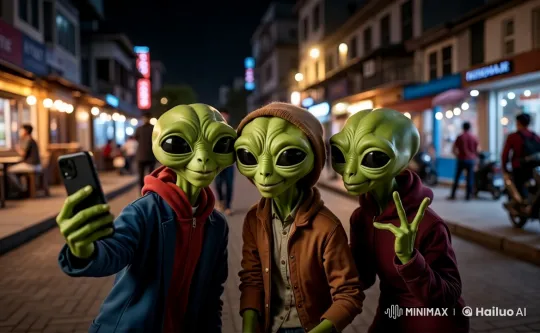 Aliens Taking Selfie on Bustling Night Street – AI Generated Video | Hailuo AI