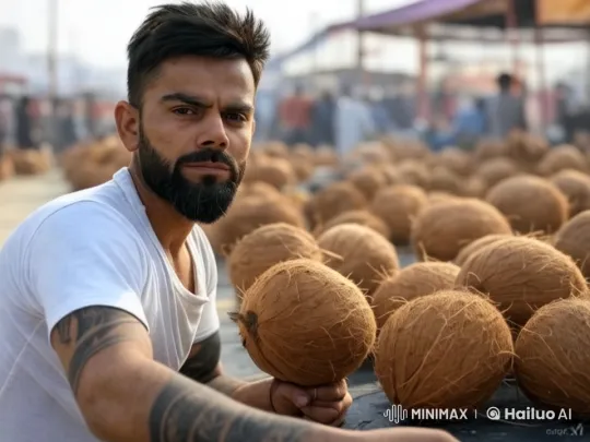 Market Scene with Man Arranging Coconuts – AI Generated Video | Hailuo AI