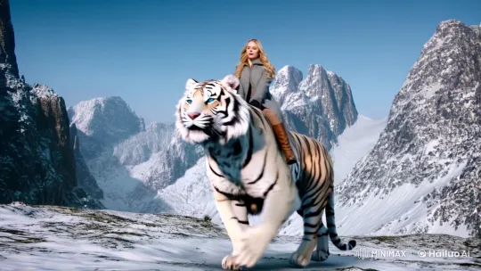 White Tiger and Rider in Majestic Snowy Mountainscape – AI Generated Video | Hailuo AI