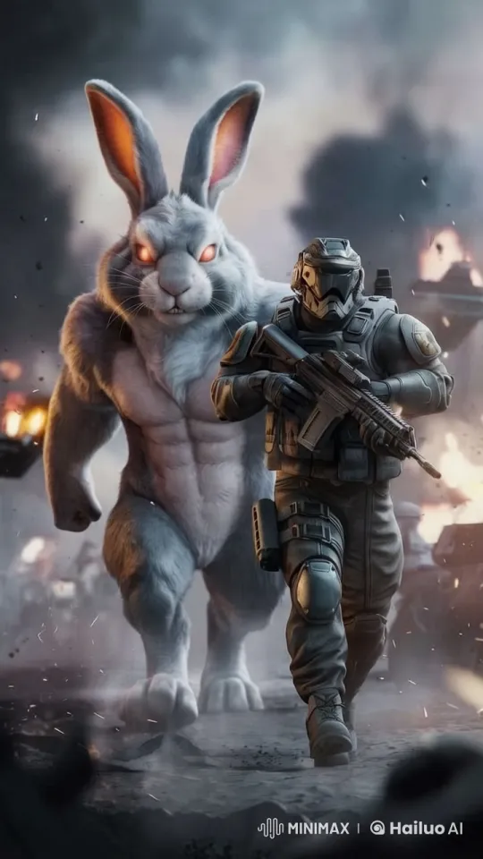 Soldier and Giant Rabbit March Through Fiery Battlefield – AI Generated Video | Hailuo AI