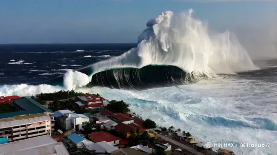 Record-Breaking Tsunami: Aerial and Ground Views – AI Generated Video | Hailuo AI