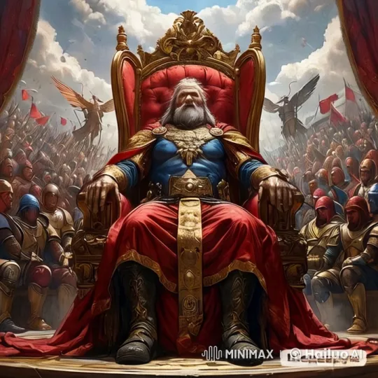 Grand Coronation Scene: King on Throne Amidst Soldiers and Angels – AI Generated Video | Hailuo AI
