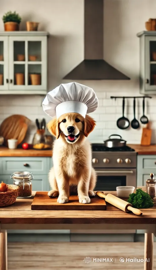 Cute Dog in Chef's Hat on Kitchen Countertop – AI Generated Video | Hailuo AI