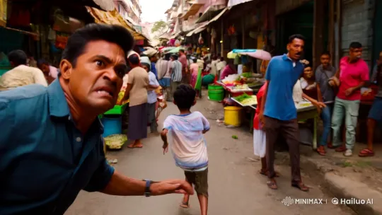 Child Evades Pursuer in Bustling Market Chase – AI Generated Video | Hailuo AI