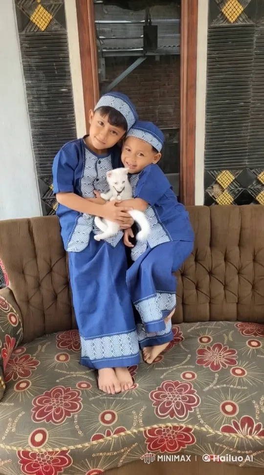 Children and Kitten on Sofa with Kungfu Jump Transition – AI Generated Video | Hailuo AI