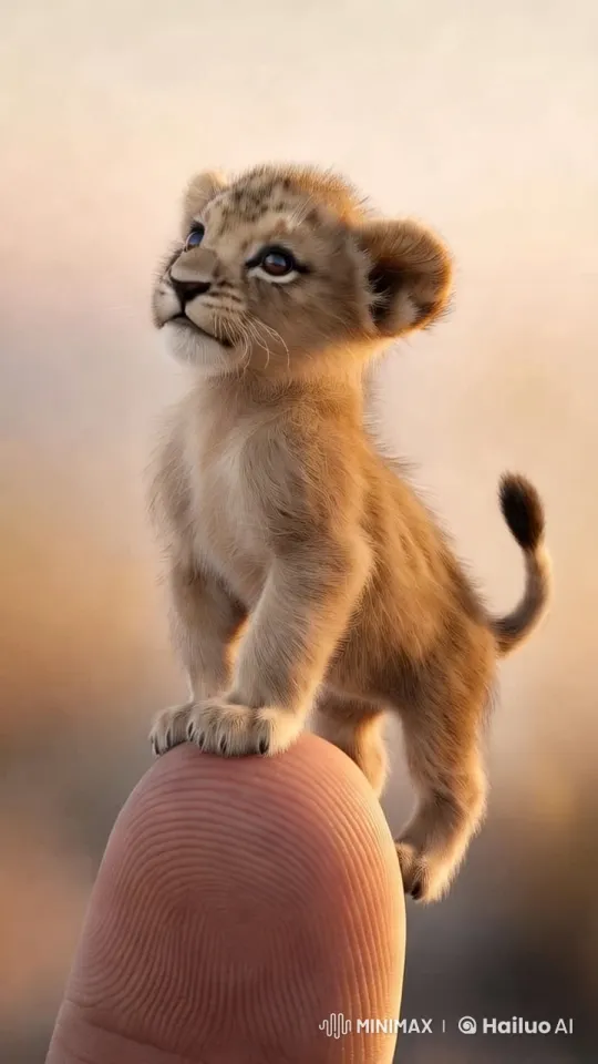 Microscopic Lion Cub on Human Fingertip – AI Generated Video | Hailuo AI