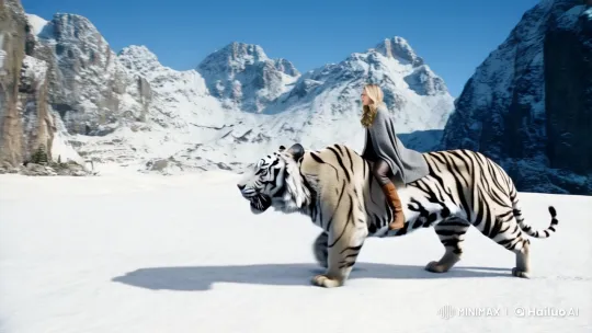 Majestic White Tiger and Rider in Snowy Mountains – AI Generated Video | Hailuo AI