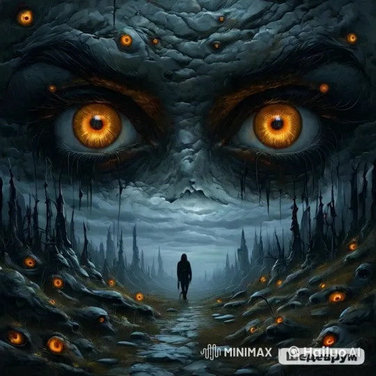 Dark, Surreal Landscape with Cloaked Figure and Monstrous Face – AI Generated Video | Hailuo AI