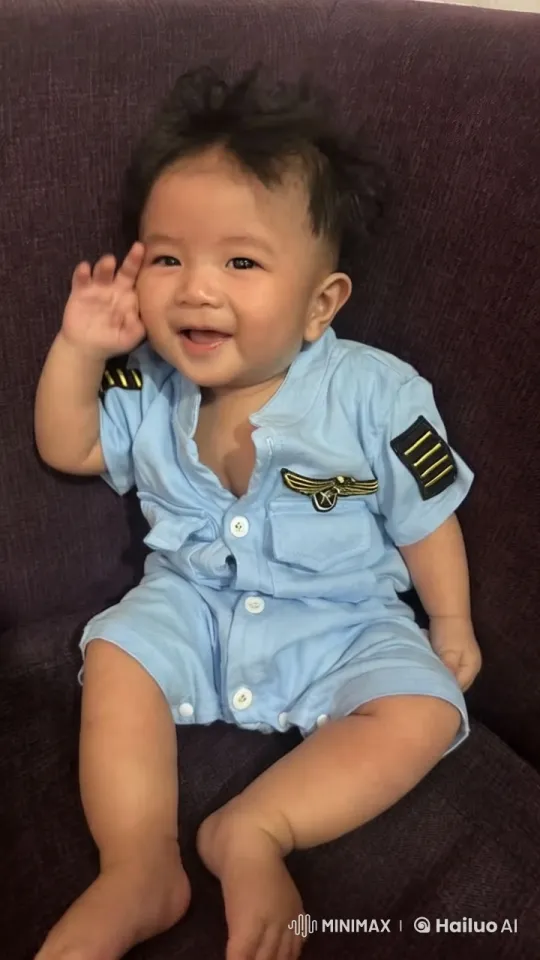 Baby Pilot in Adorable Blue Uniform Waves Gently – AI Generated Video | Hailuo AI
