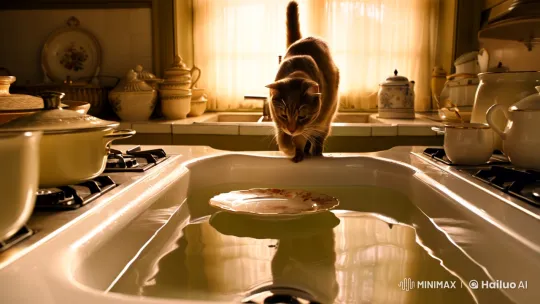 Cat's Curiosity in Golden-Lit Kitchen Scene – AI Generated Video | Hailuo AI