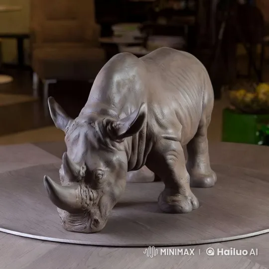 Animated Sculpture: Rhinoceros Looks Left, Moves Forward – AI Generated Video | Hailuo AI