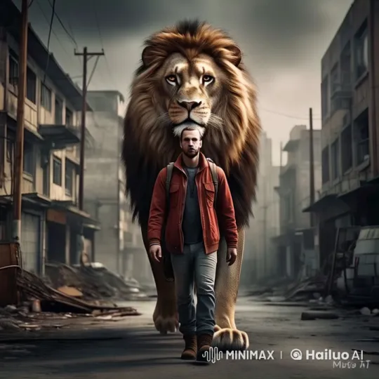 Post-Apocalyptic Wanderers: Man and Lion in Sync – AI Generated Video | Hailuo AI