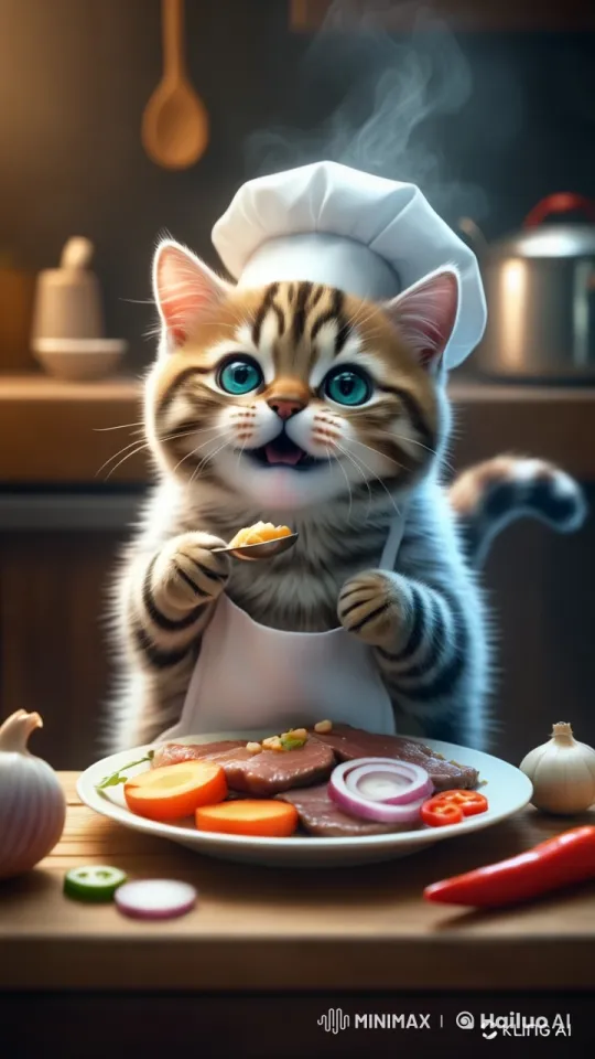 Chef Kitten Savors Meal in Cozy Kitchen – AI Generated Video | Hailuo AI