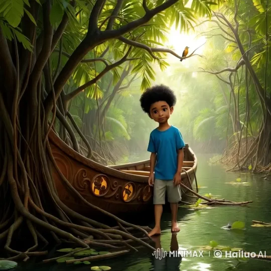 Young Boy Explores Canoe in Serene Mangrove Forest – AI Generated Video | Hailuo AI