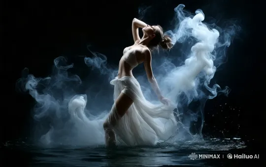 Dancer in Misty Water: Ethereal Grace in Dark Ambiance – AI Generated Video | Hailuo AI