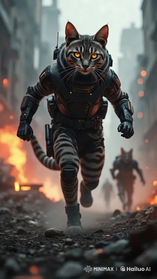 Armored Cats Charge Through a Burning Cityscape – AI Generated Video | Hailuo AI