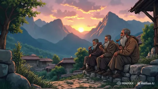 Mountain Village Sunset: Elderly Men Enjoying Serenity – AI Generated Video | Hailuo AI