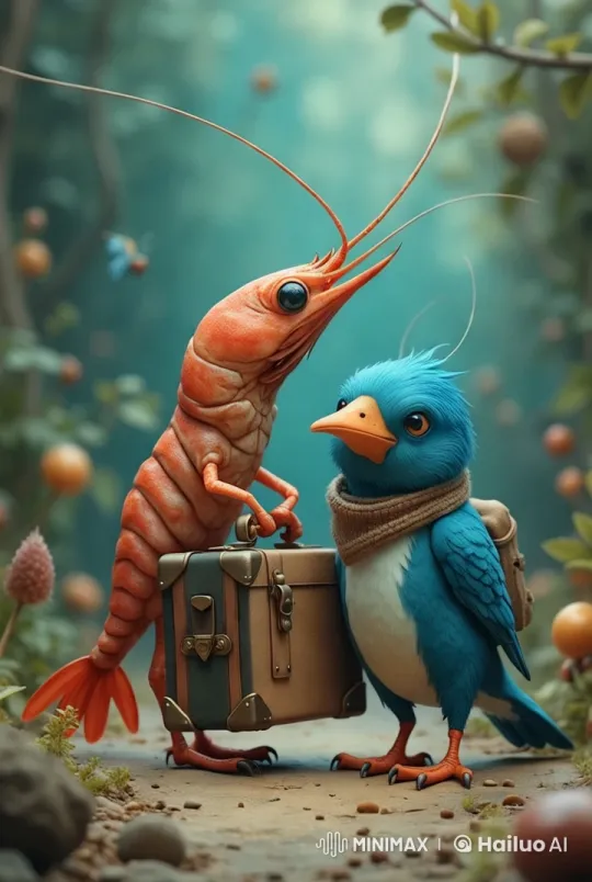 Shrimp and Bird Prepare for Journey in Enchanted Forest – AI Generated Video | Hailuo AI
