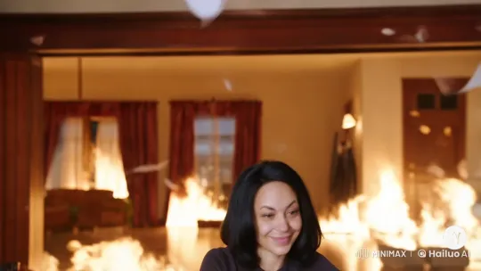Woman Types Calmly Amidst Office Inferno – AI Generated Video | Hailuo AI