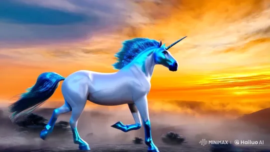 White Unicorn Leaps into Enchanted Sunset Landscape – AI Generated Video | Hailuo AI