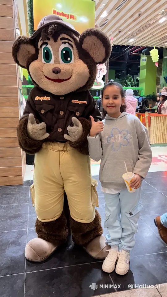 Child and Mascot Playfully Spar and Dance in Amusement Park – AI Generated Video | Hailuo AI