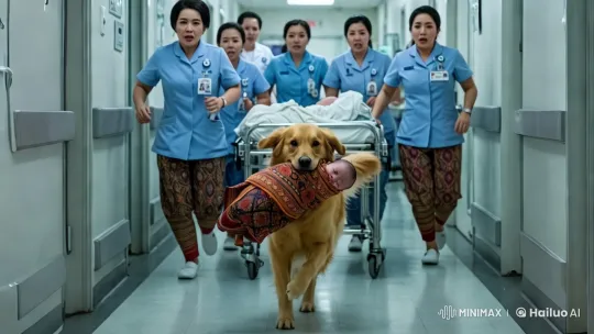 Golden Retriever Rescues Swaddled Baby in Hospital – AI Generated Video | Hailuo AI