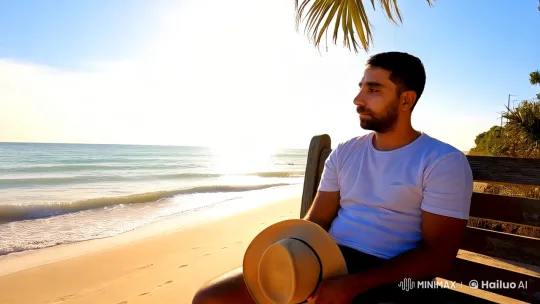 Contemplative Man on a Sunny Beach with Serene Atmosphere – AI Generated Video | Hailuo AI