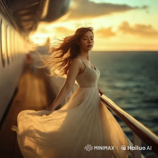 Woman on Ship's Deck at Sunset - Serene Beauty Captured – AI Generated Video | Hailuo AI