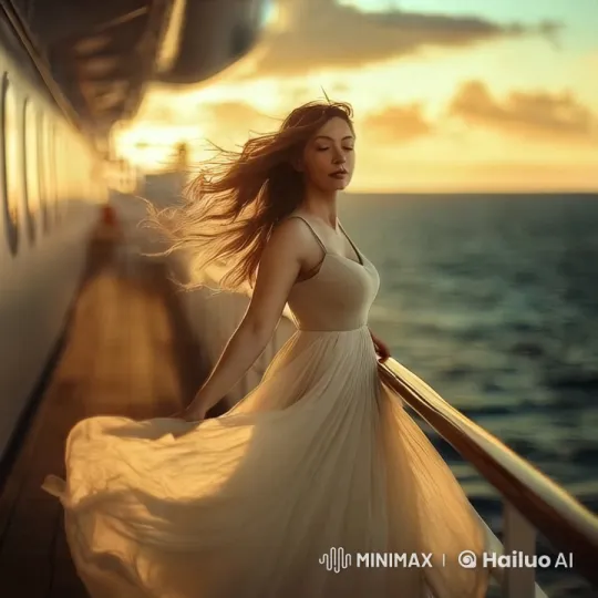 Golden Sunset: Woman at Cruise Ship's Rail – AI Generated Video | Hailuo AI