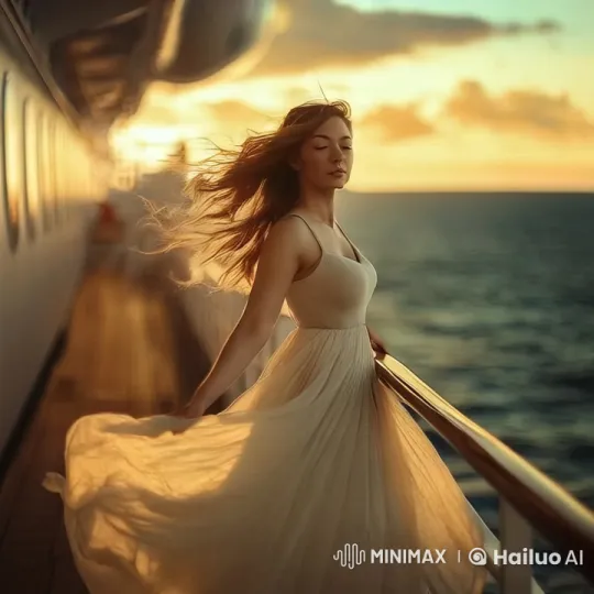 Woman on Cruise Ship Deck at Sunset – AI Generated Video | Hailuo AI
