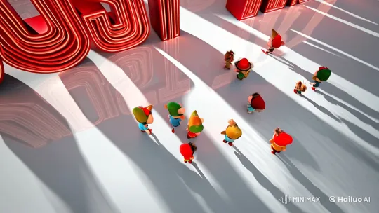 Dynamic Scene with 'JustTry' Letters and Playful Dwarfs – AI Generated Video | Hailuo AI