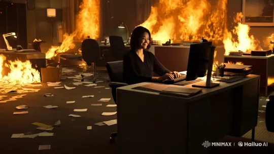 Person Calmly Works Amidst Fiery Office Chaos – AI Generated Video | Hailuo AI