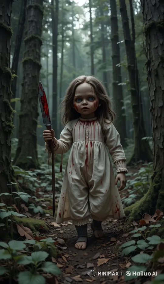 Creepy Doll Advances in Mysterious Forest with Blood-Stained Knife – AI Generated Video | Hailuo AI