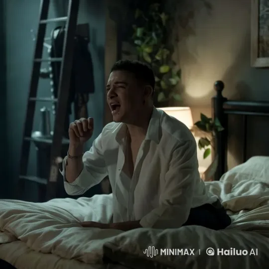 Man Sings Passionately on Bed, Reflects in Cozy Ambiance – AI Generated Video | Hailuo AI