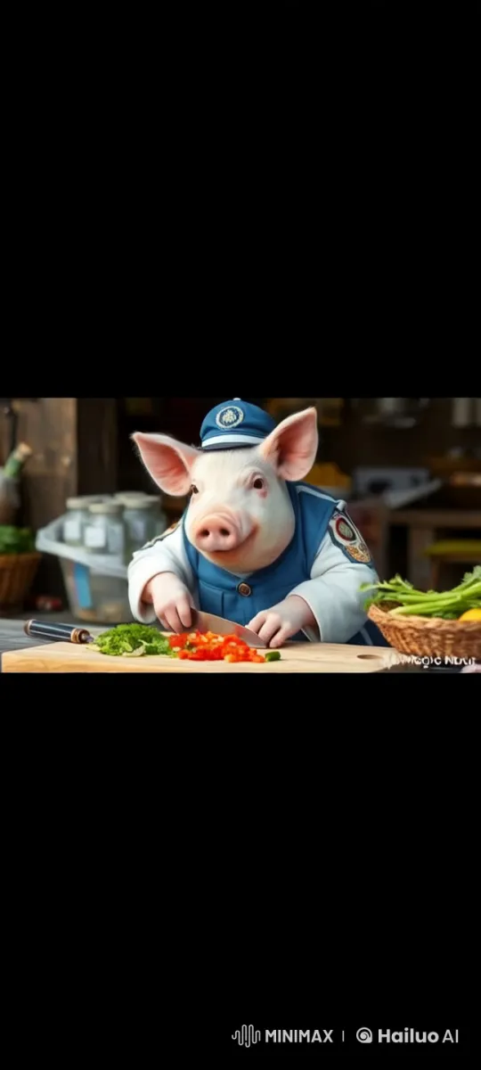 Pig Chef Skillfully Chops Vegetables in Rustic Kitchen – AI Generated Video | Hailuo AI