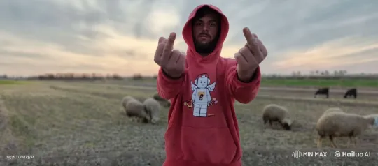 Sunset Pasture with Person in Red Hoodie – AI Generated Video | Hailuo AI