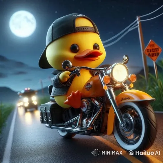 Rubber Duck Rider on Harley: Moonlit Highway Adventure – AI Generated Video | Hailuo AI