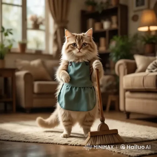 Cat in Apron Sweeps Living Room Cozily – AI Generated Video | Hailuo AI