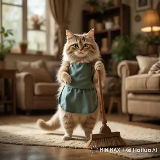 Cat in Apron Gently Sweeps Living Room – AI Generated Video | Hailuo AI