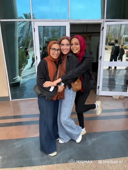 Three Friends Embrace in Front of Modern Building – AI Generated Video | Hailuo AI