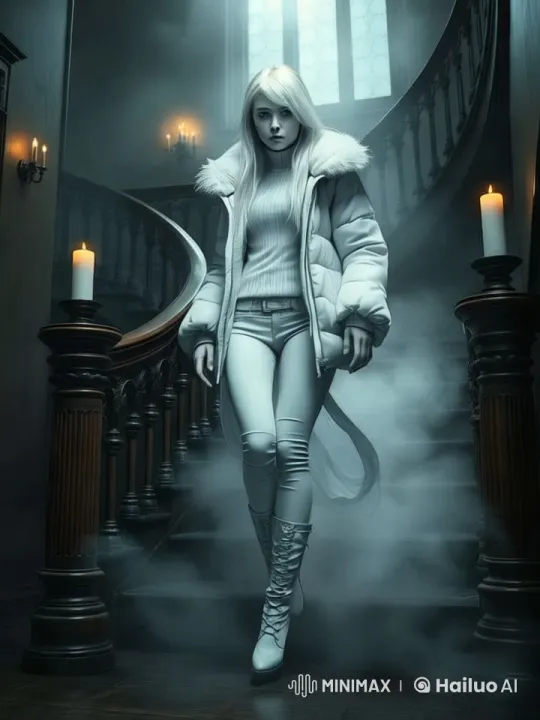 Mysterious Figure Descends Staircase in Eerie Atmosphere – AI Generated Video | Hailuo AI