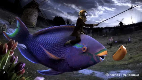 Vintage Diver Rides Airborne Purple Fish in Surreal Landscape – AI Generated Video | Hailuo AI